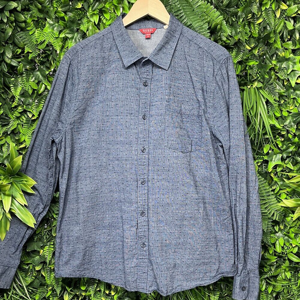 GUESS SHIRT Mens XL Blue Button Down Collared Chambray‎ Denim Front Pocket 1813